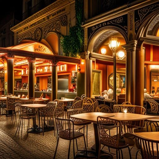 Terrasse du café le soir, Place du forum, with a Text sign t...