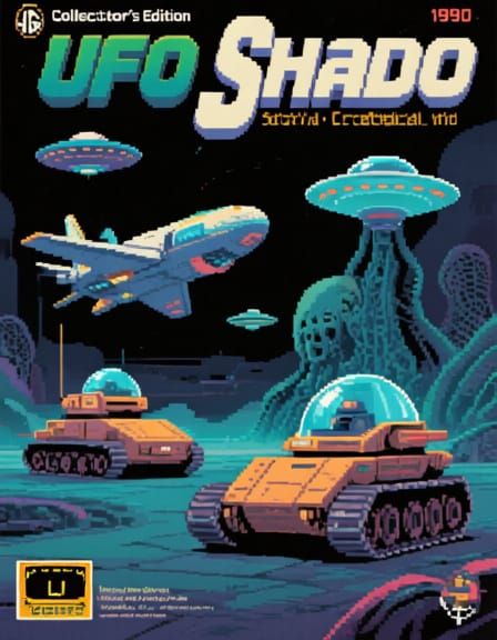Video Game Cover artwork , desktop with a retro boxed 1990 collector's edition of "Ufo Shado" strategical video game, nostalgic atmosphere,
...