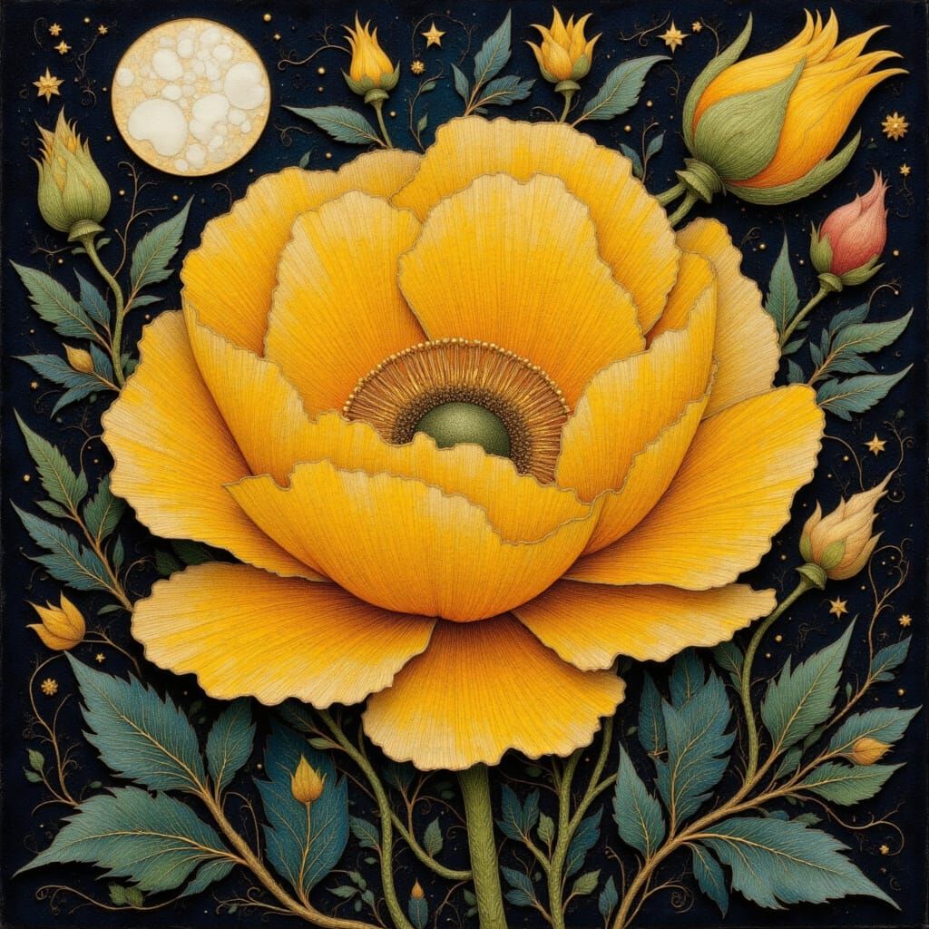 Folk Art Poppy Tapestry in Moonlit Night Sky
