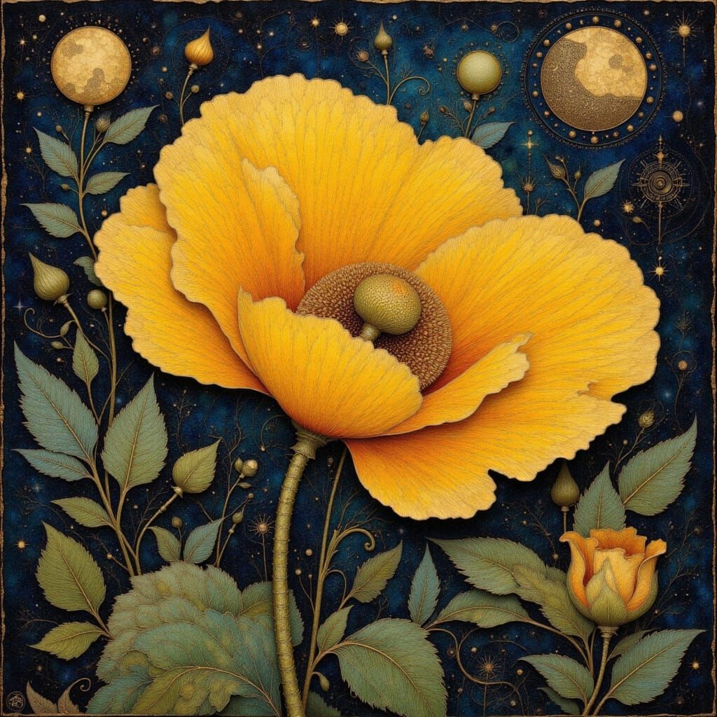 Folk Art Poppy Tapestry in Moonlit Night Sky