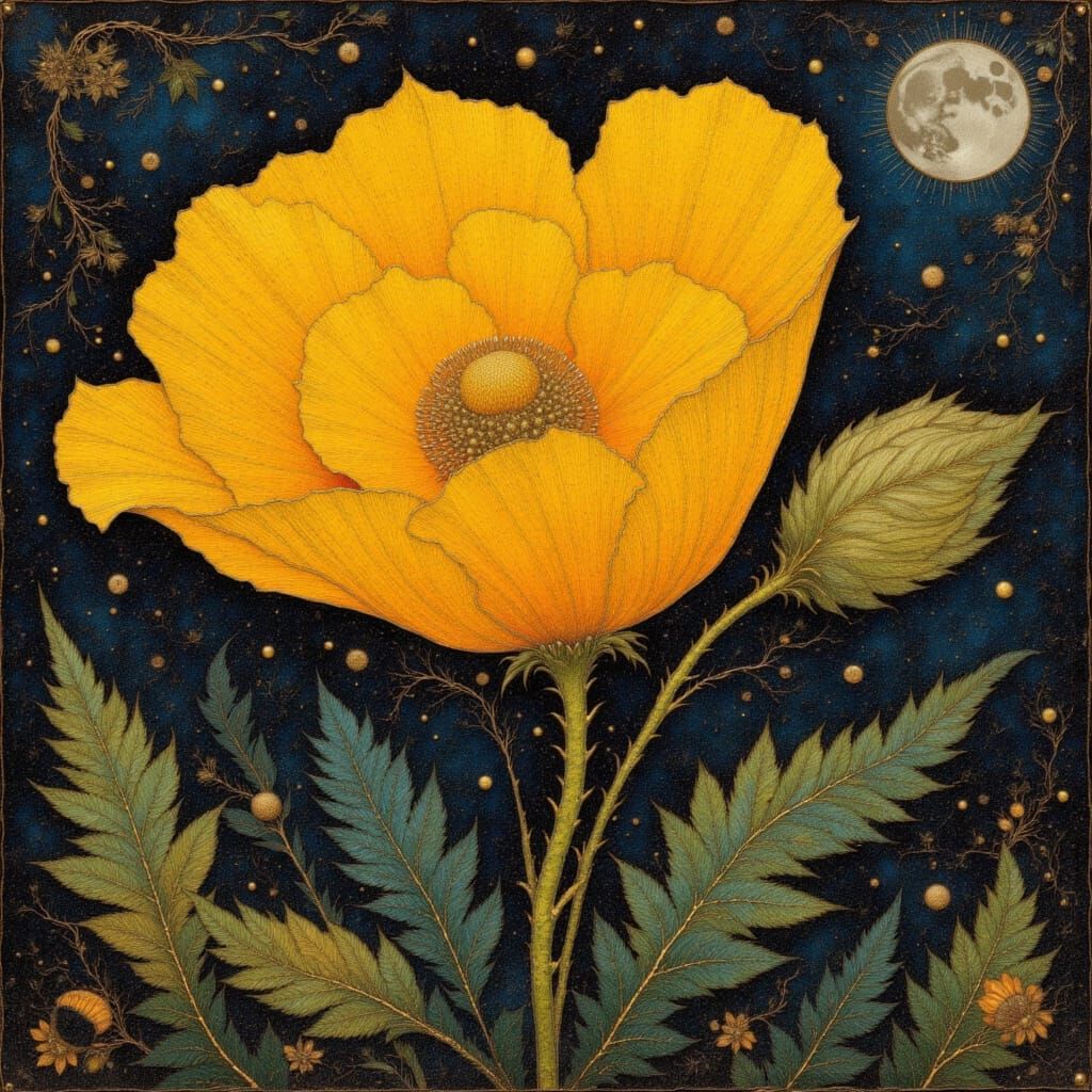 Folk Art Poppy Tapestry in Moonlit Night Sky
