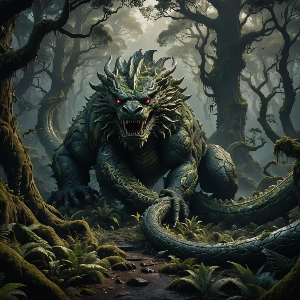 big taniwha in a big dark forest