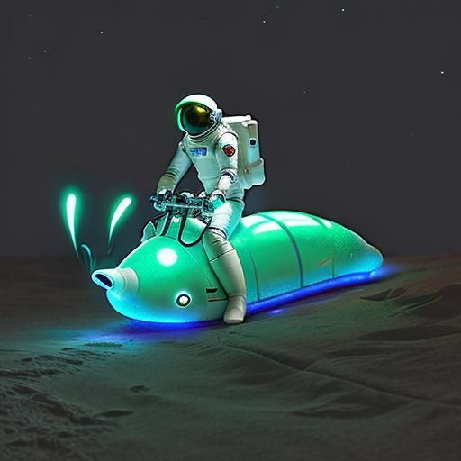 astronaut  riding a bio-luminescent slug with a saddle