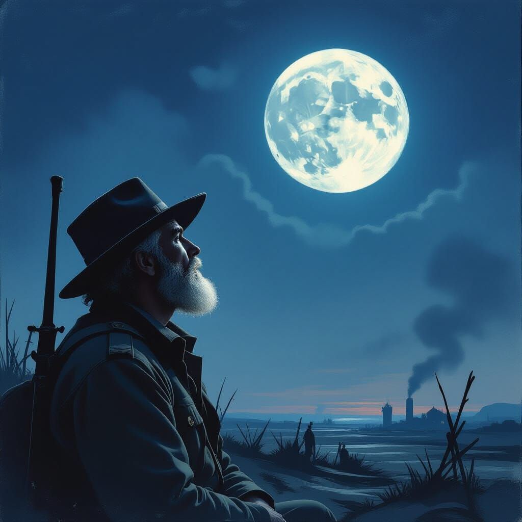 War Veteran Gazes at Full Moon, Longing for Home