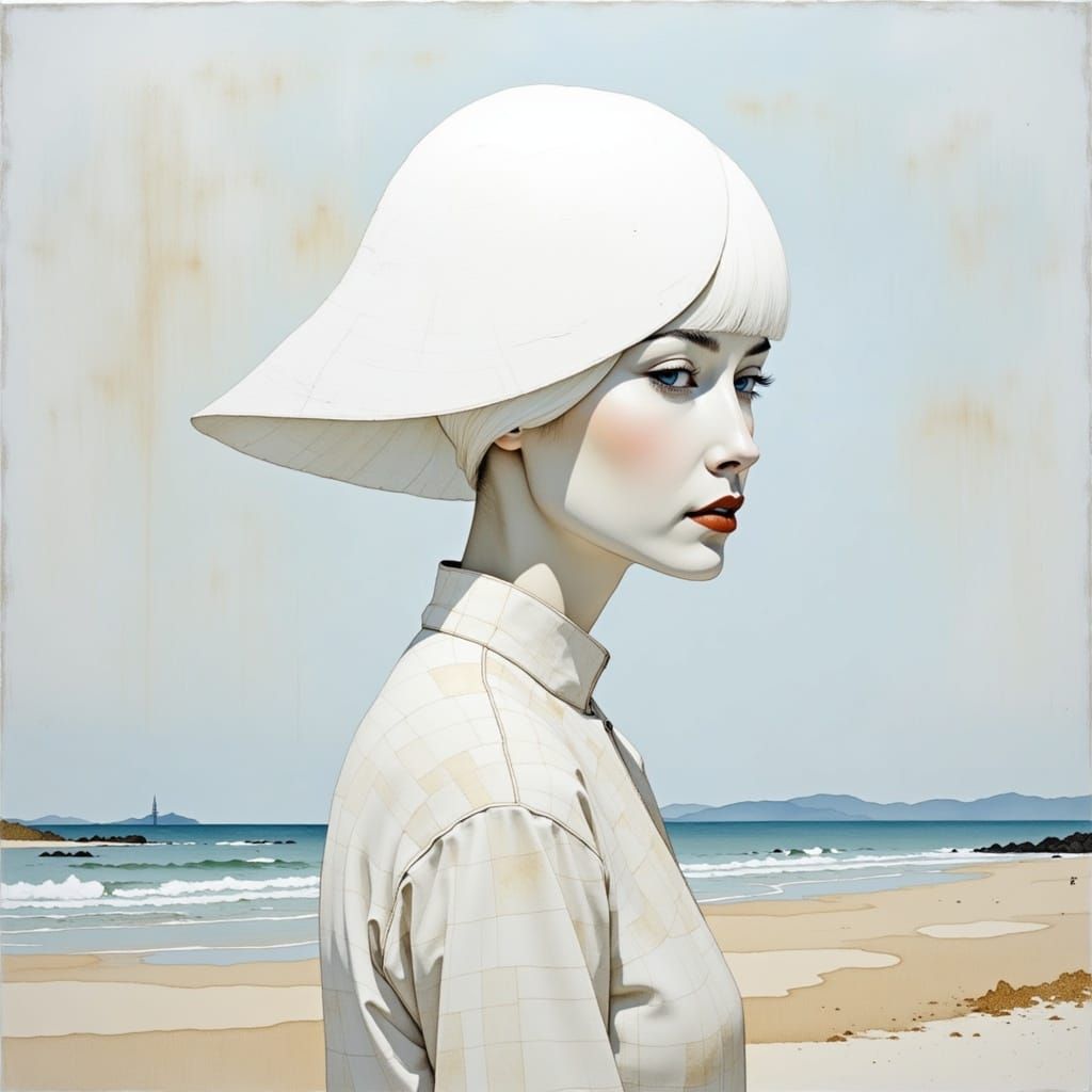 "Richard Burlet, Minimalist, white haired kid, in an seashore nature illustration; surreal; white and silver color; high key, no signature!"...