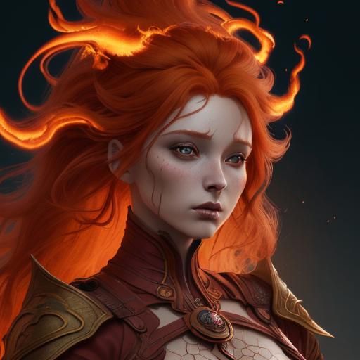 a woman with a fire on her head, hair made of fire, orange skin and ...