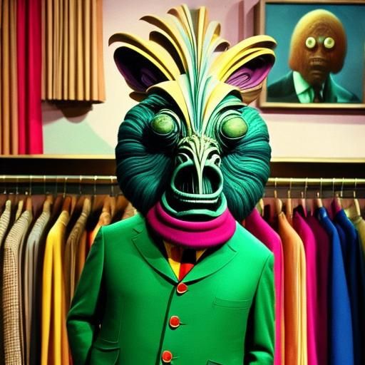 <lora:Pink Room SD15:1.0>
Candid Technicolor, 70's style surreal sitcom with a strange creature in vintage clothes. 