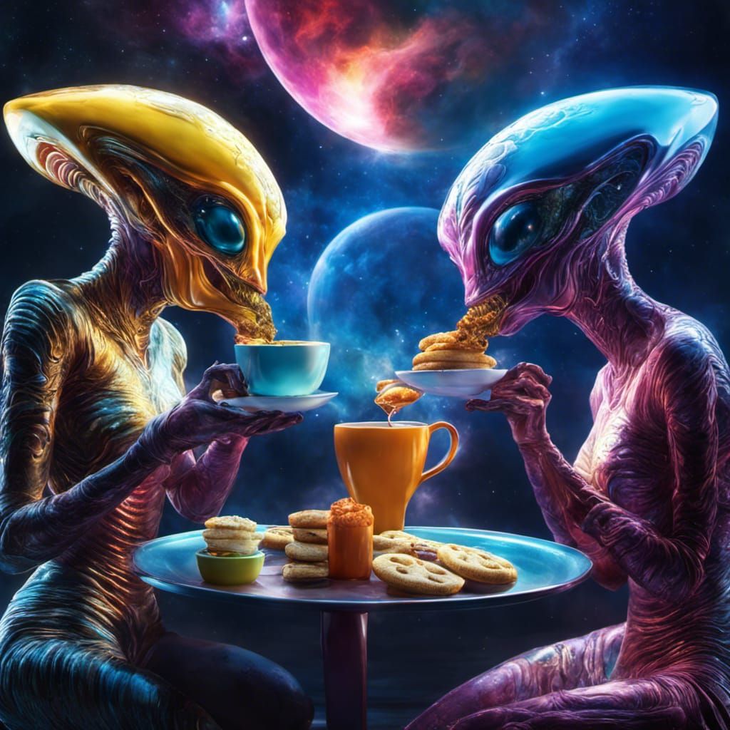 Cosmic,Alien three sisters,  eating alien-tea-biscuits,Hyper...