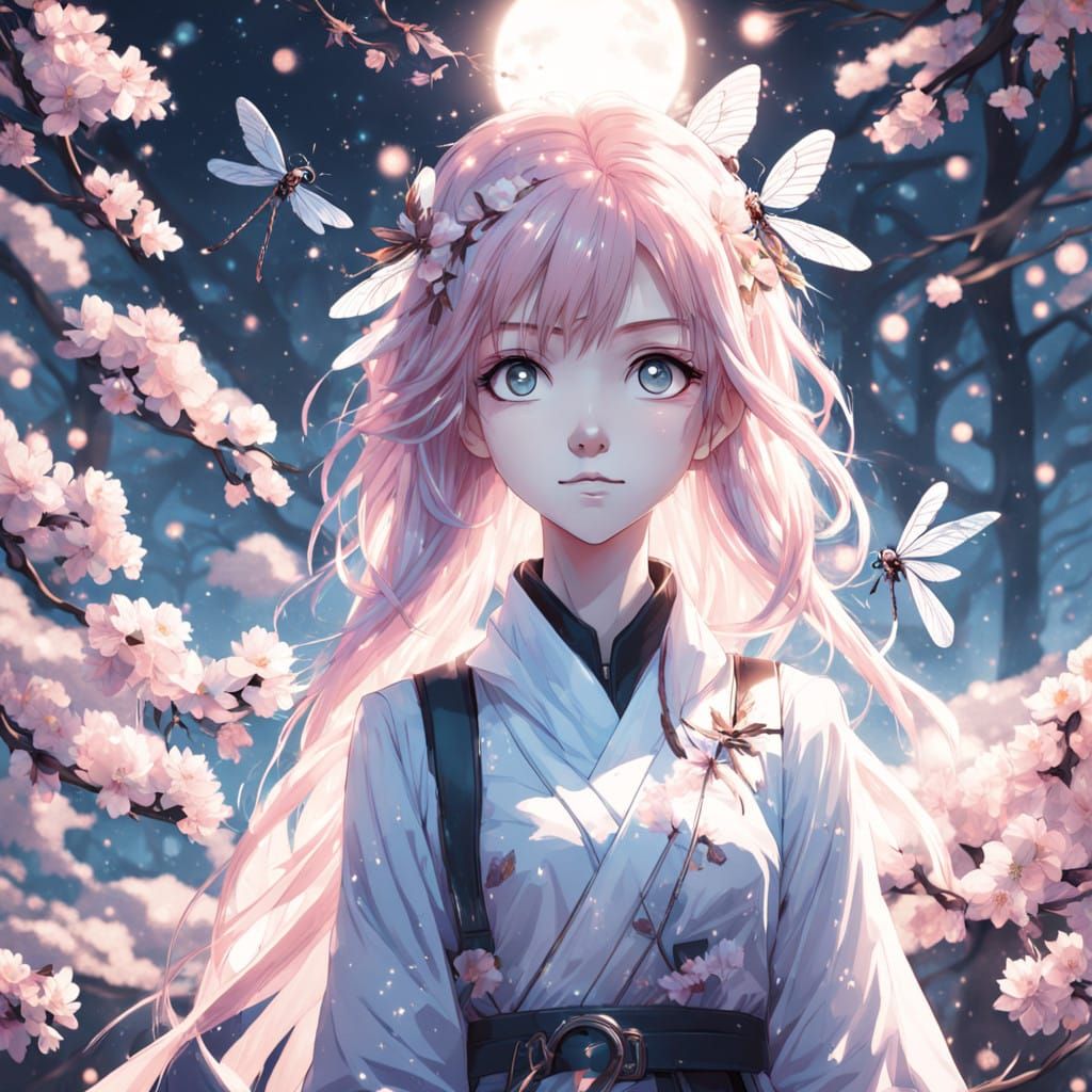 Whimsical Anime Girl in a Dreamlike Cherry Blossom Wonderlan...