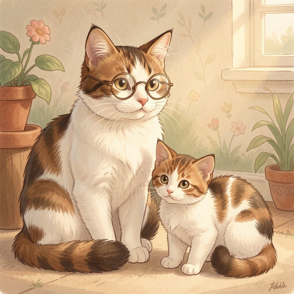 Mother Cat and Kittens in Whimsical Digital Painting