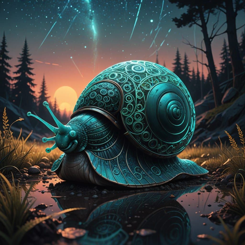 Surreal Glass Snail Radiates Ethereal Light in Starry Galact...