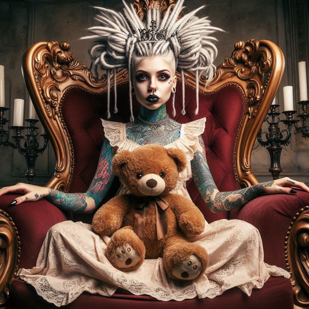 With teddy on a throne