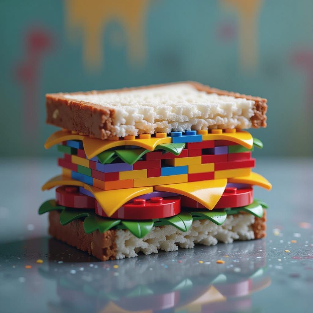 "A sandwich, but every part is made from colorful LEGO bricks. Not real food. Surreal, hyperrealistic, ...  by @American Dreamer