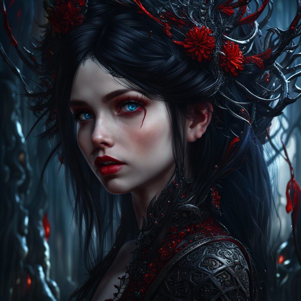 Young goth girl with blue eyes red lips black hair highly detailed intricate detail  by @Quibbles Chelle