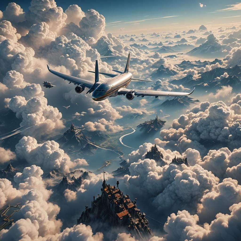 Man Flies Above Clouds in Detailed Matte Painting
