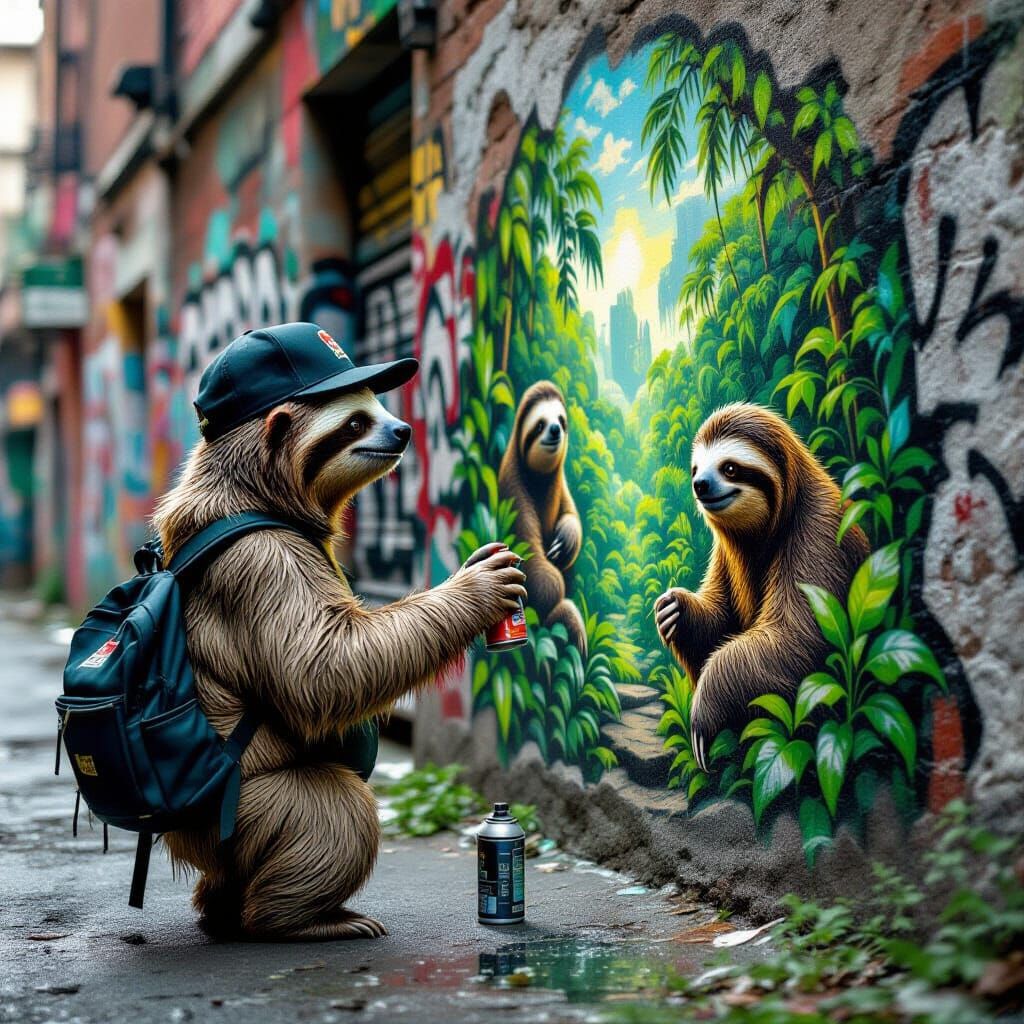 A street-smart sloth wearing a backwards baseball cap and carrying a tiny, detailed spray can, meticulously ...  by @Kage 