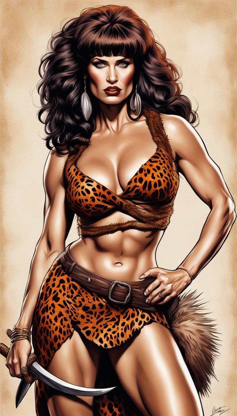 Carla Gugino as a colored cavewoman portrait pinup AI Generated