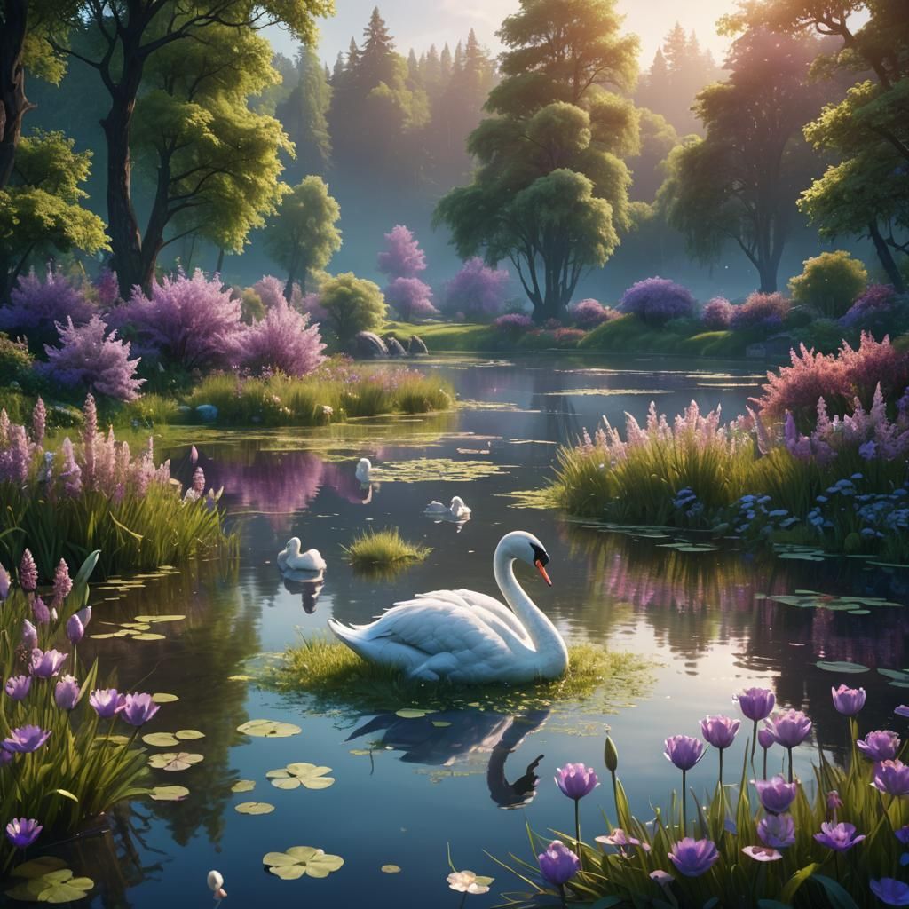 Serene Lake with Swans: Fantasy Concept Art