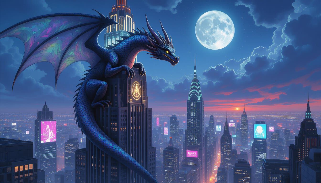 A majestic dragon, its scales shimmering with iridescent, bioluminescent patterns, coils around a towering, art deco skyscraper in a futuris...