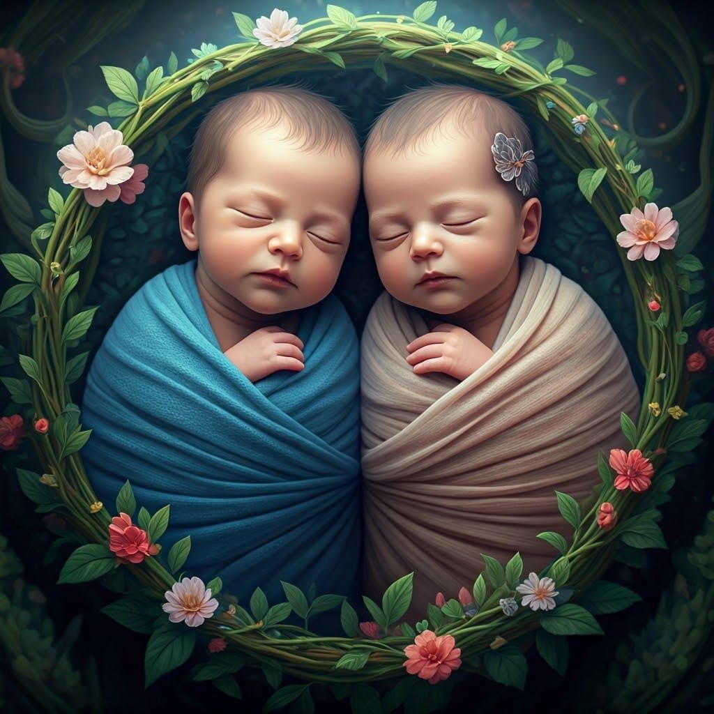 Serene Twins in Pastel Paradise: Anime-Inspired Masterpiece