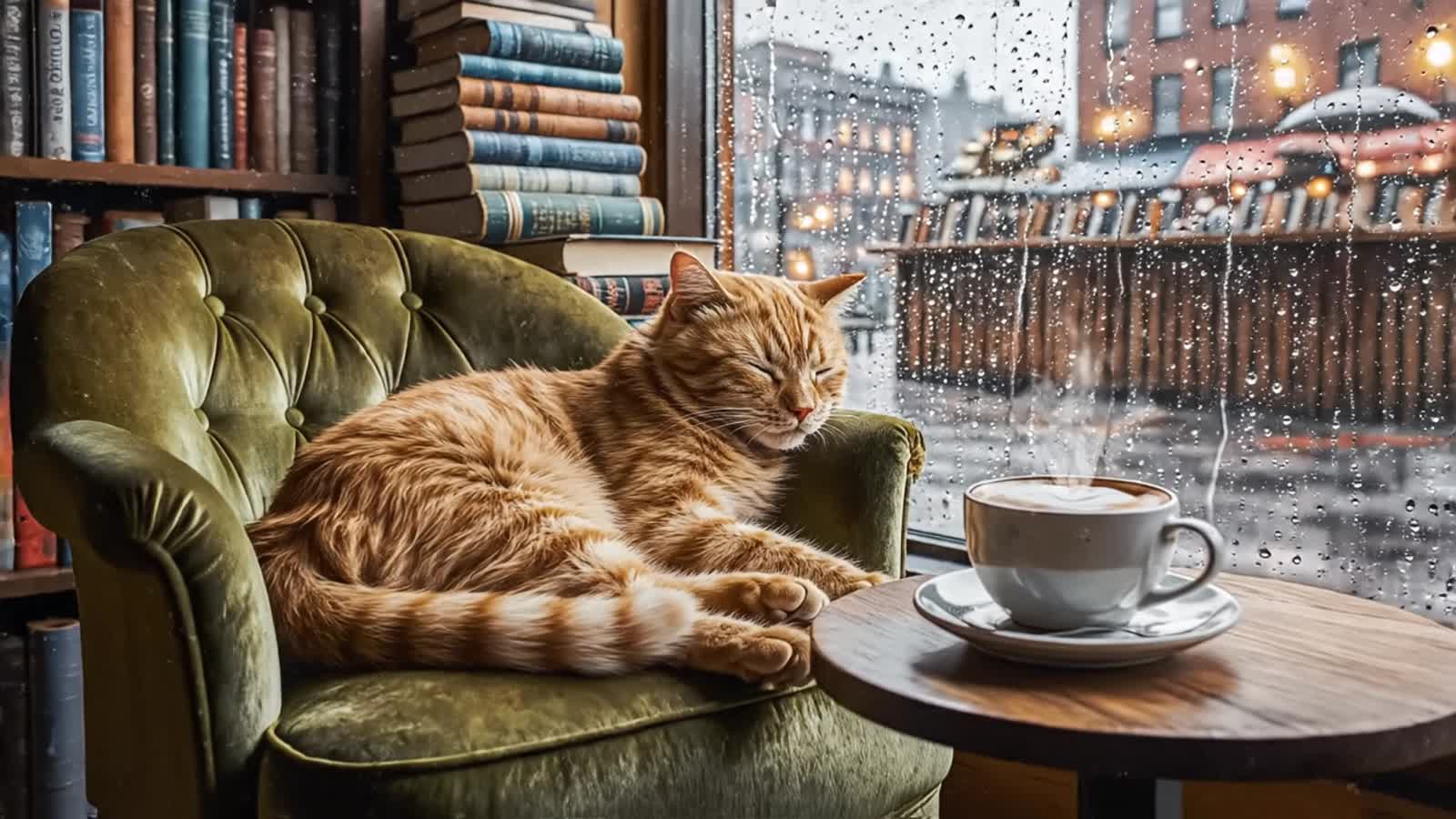 An antique, slightly cluttered bookshop cafe on a rainy afternoon. A ginger cat sleeps peacefully on a worn armchair nea...