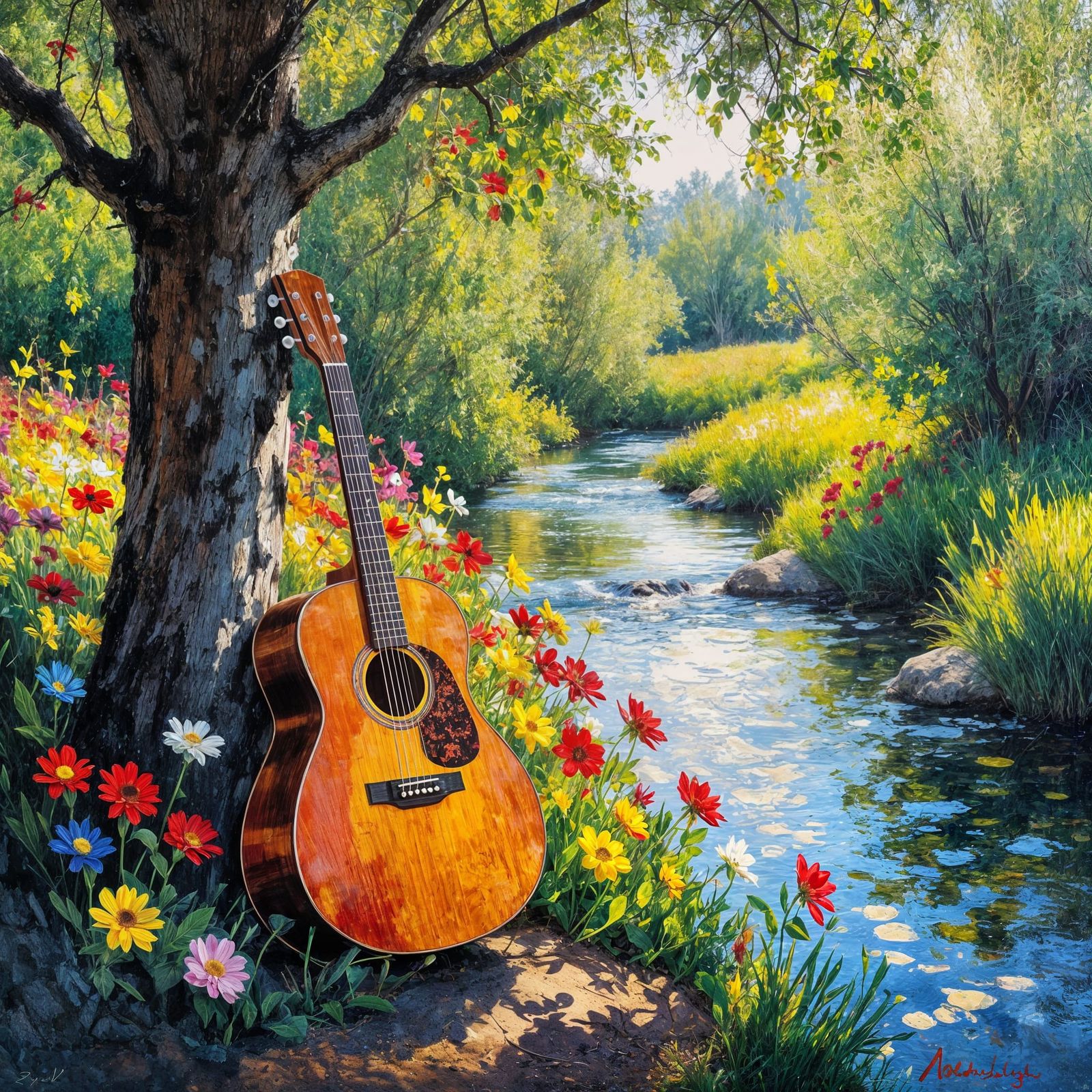 Vibrant Floral Guitar Beside Flowing Stream