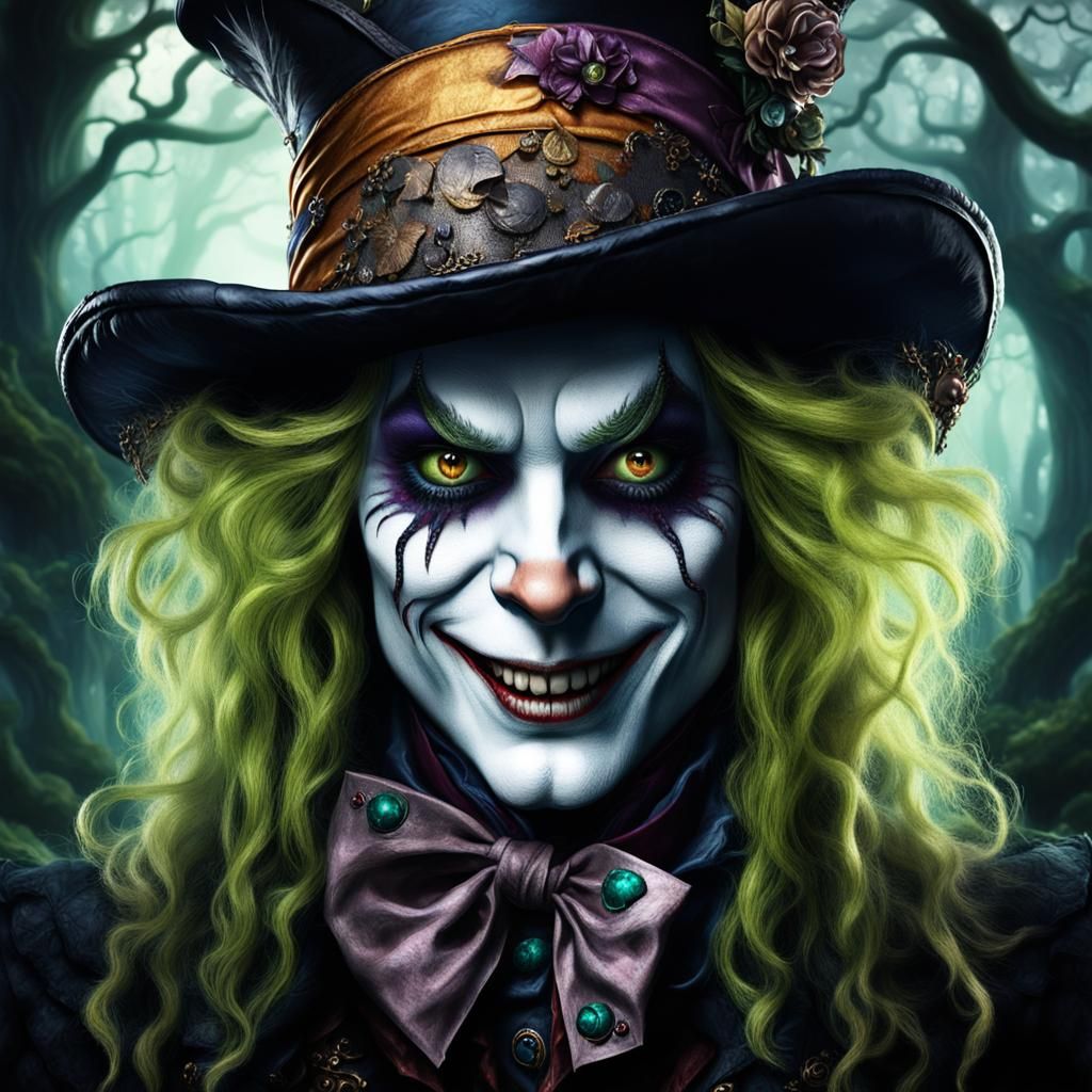 Photorealistic portrait of a evil female Mad Hatter whit sinister smile ...