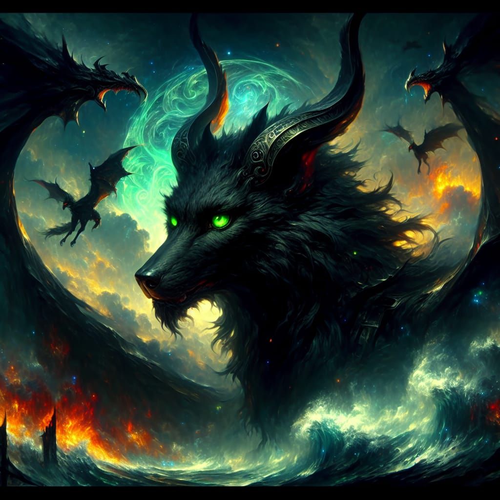 All black demon wolf with green eyes