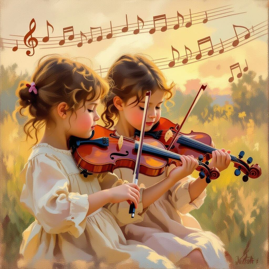 תווי נגינה ברקע ליד כינור ילד קטן מנגן בו