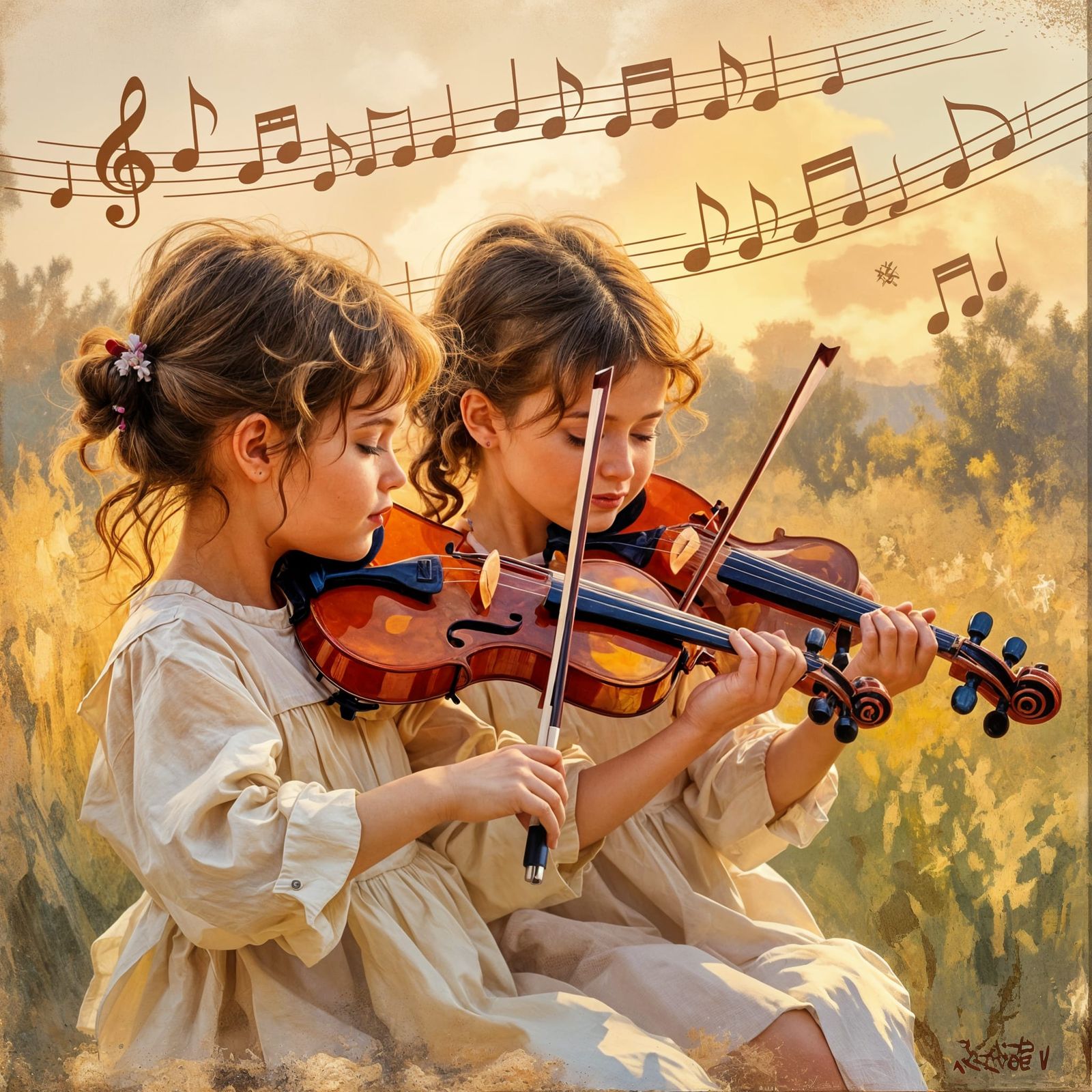 Young Boy Plays Violin Amidst Musical Notes