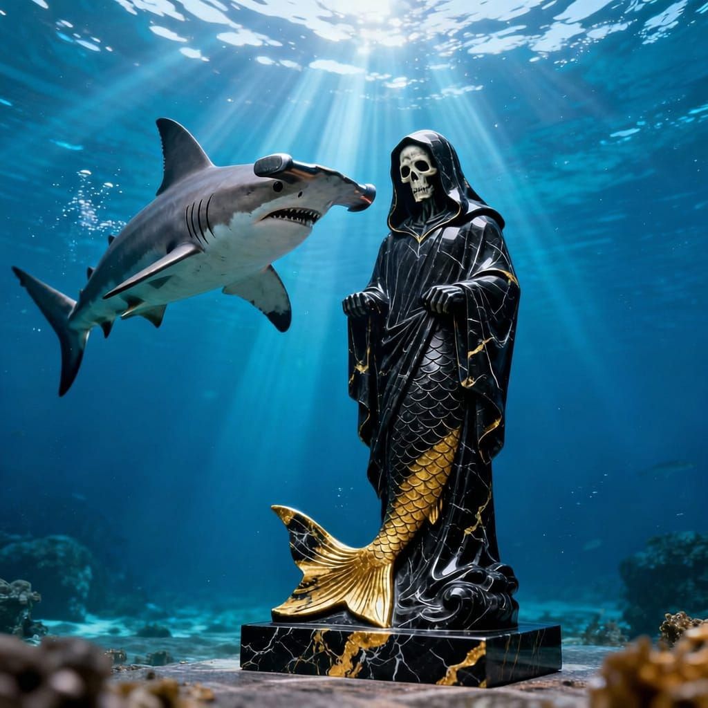 Photo Realistic A hammerhead shark carving a hybrid of a Grim Reaper with a Fish tail out of black and gold colored marble using underwater ...