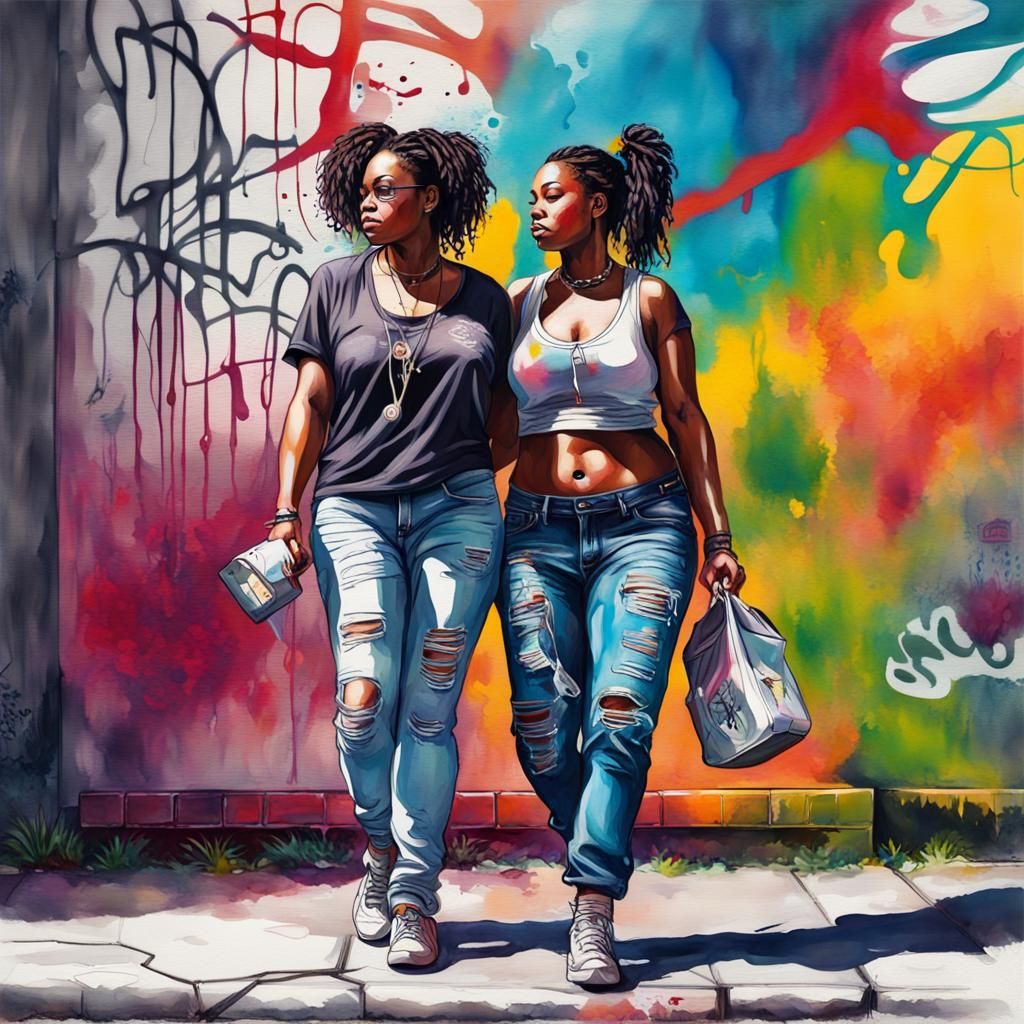 Painterly watercolor curvy lesbians of color walking