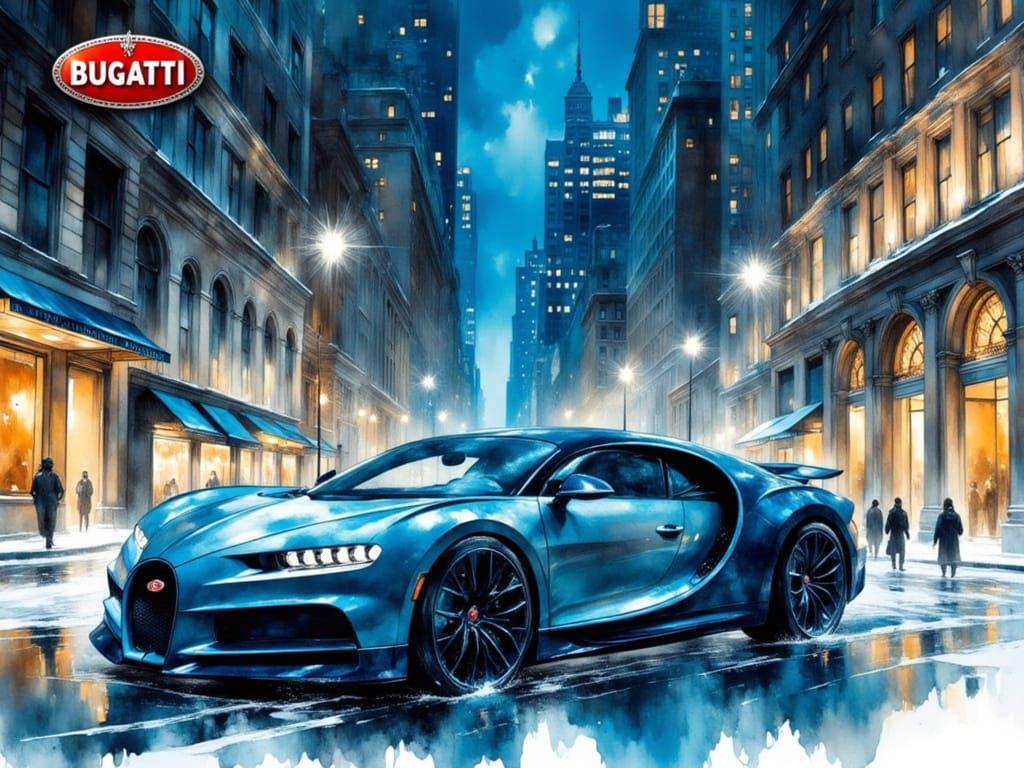 A sleek silver Bugatti Chiron with blue accents, positioned on a city street at night, surrounded by ...  by @barnaby leroy