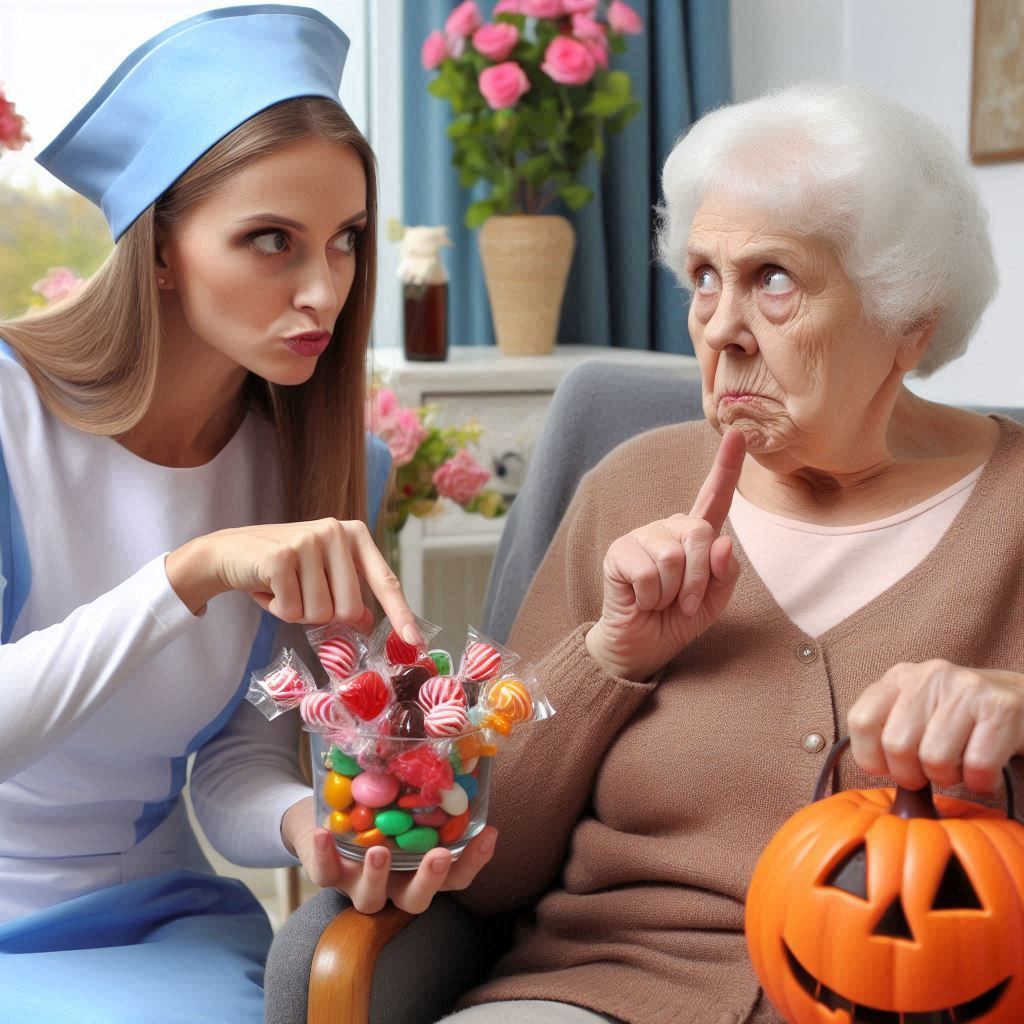 In a nursing home a scheming nurse tries to make trouble by giving a lady resident candy but not let the lady resident's...