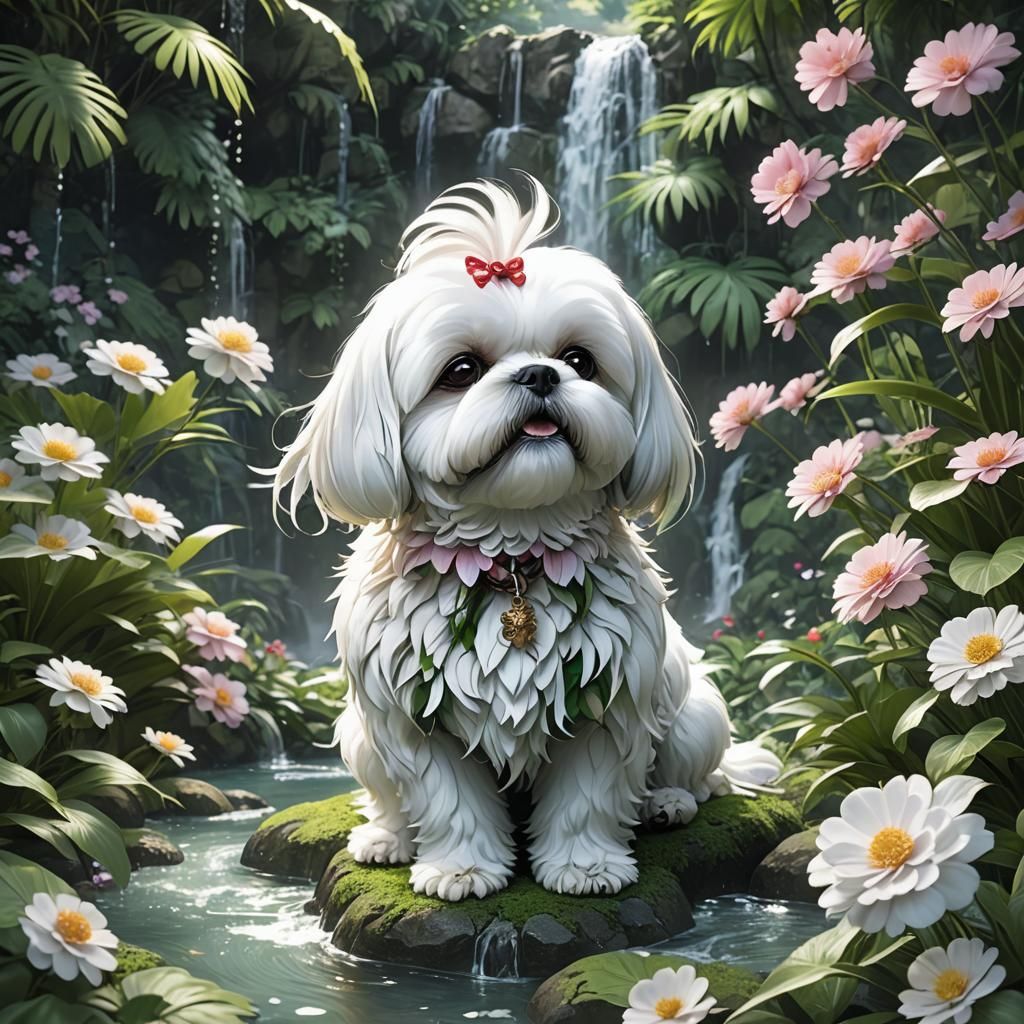 Floral Jungle waterfall White bichon shih tzu with under bit...