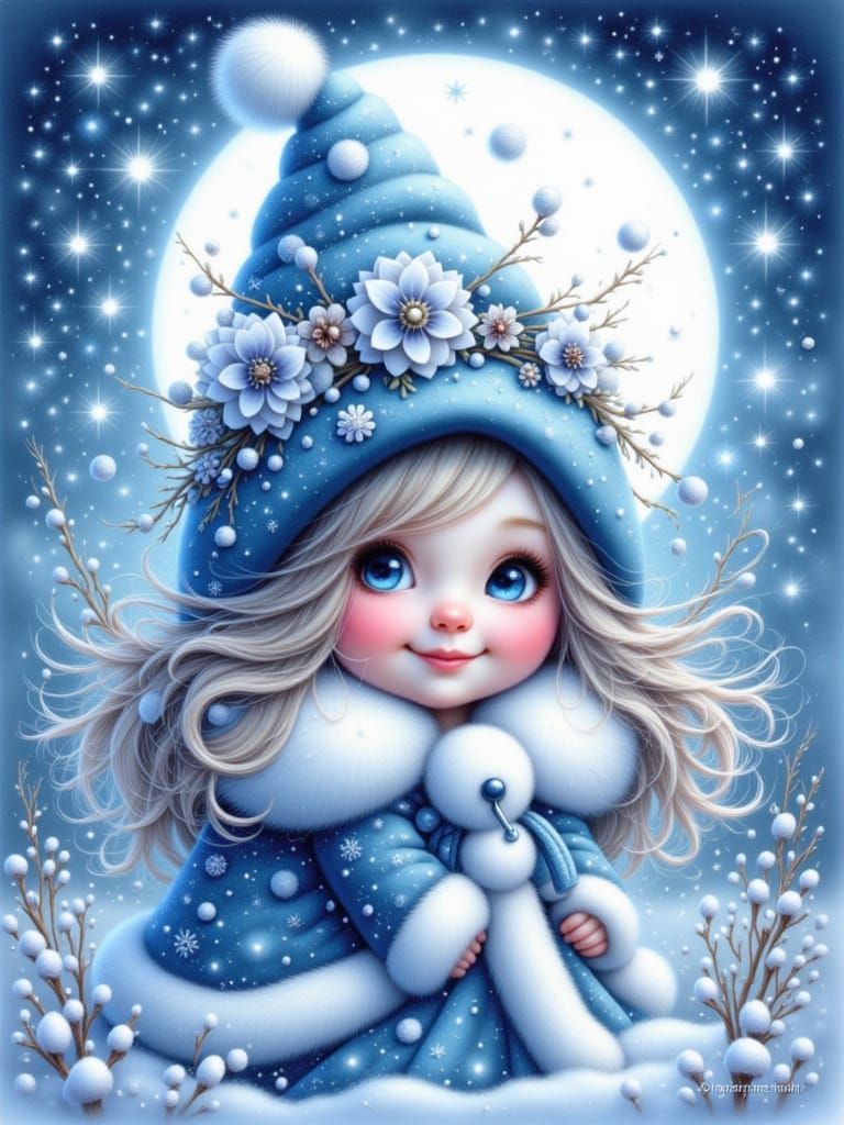 a cute little girl in winter , standing under the moonlight, wearing blue and white fur trim on her coat, with long hair blowing gently in t...