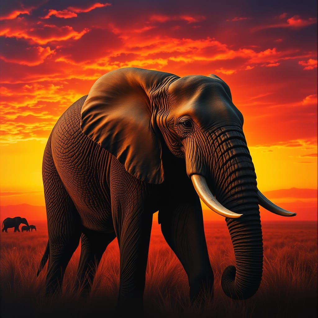 Majestic Elephant Silhouetted Against Romantic Sunset Sky