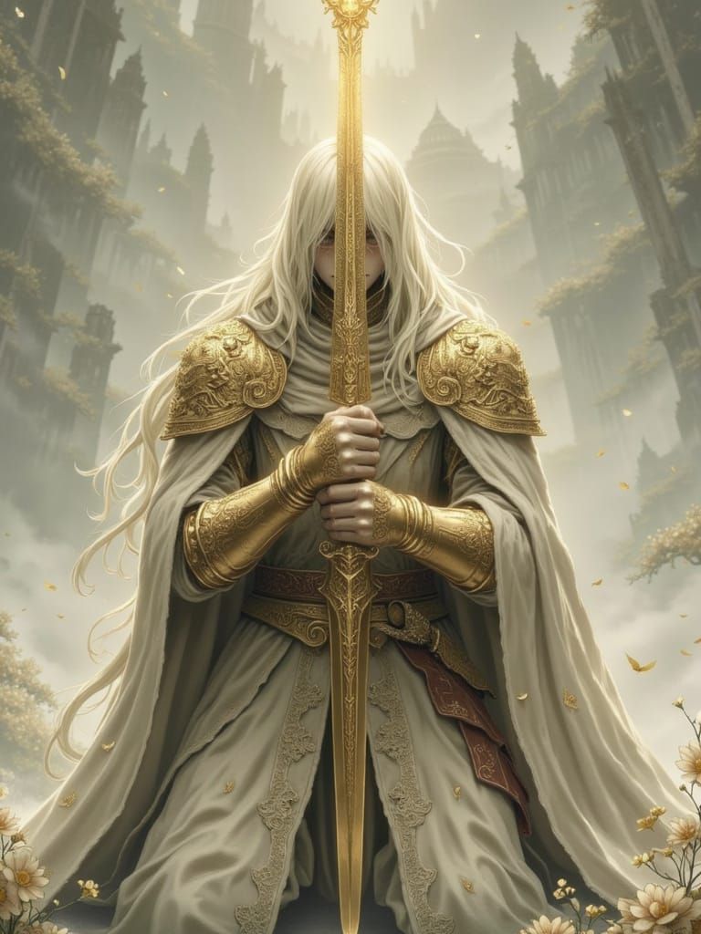 A solemn knight clad in ornate ivory plate holds a gilded greatsword upright before their face, the blade catching a holy radiance like Erdt...