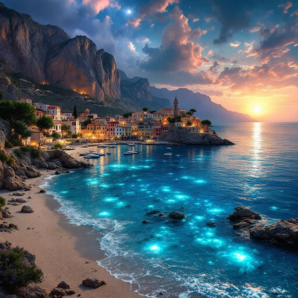 A night scene of a Mediterranean fishing village tucked under rocky cliffs with a broad sandy beach.lights ...  by @Splaedor 