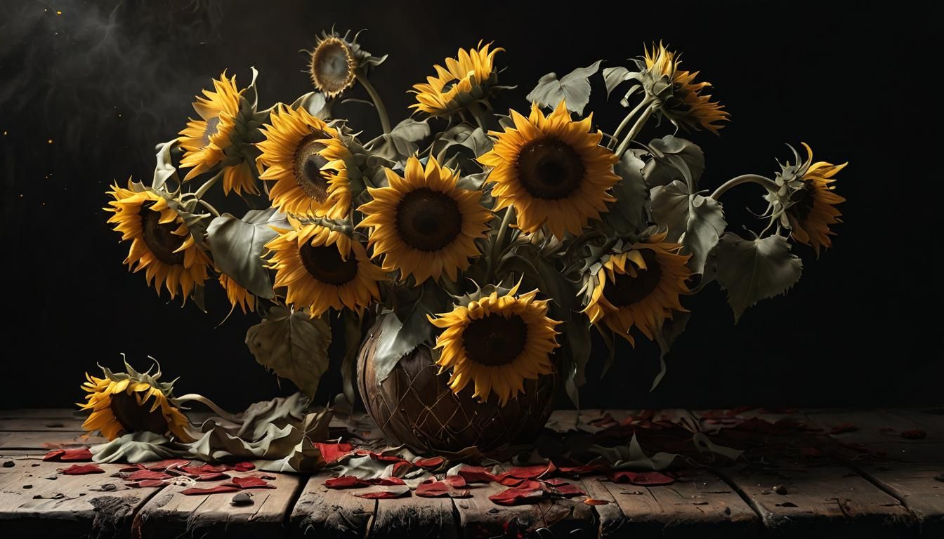 🌻🪵 Wilting sunflowers on a weathered wooden table  by @PatrickF
