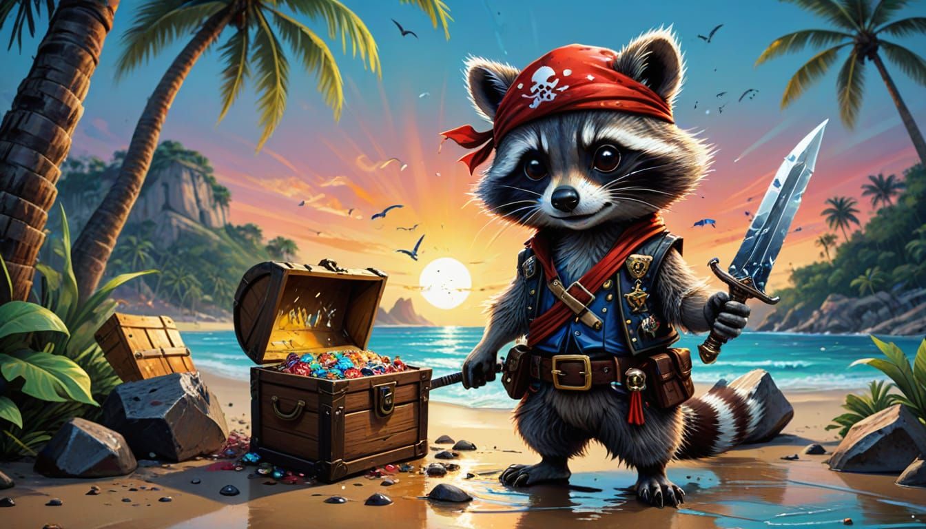 picture a whimsical cartoon raccoon dressed as a pirate, guarding a treasure chest filled with sparkling ...  by @Solfreedom