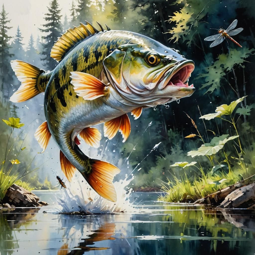 Fish jumping to catching dragonfly 