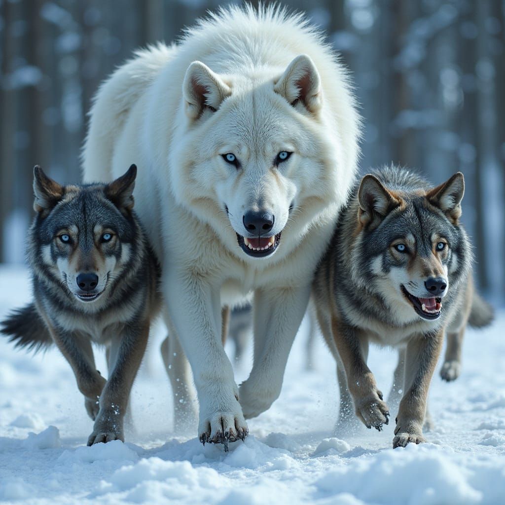 a realistic d&d picture of a pack of direwolf in the snow. Some are grey, some are black and their leader is a huge white direwolf, much big...