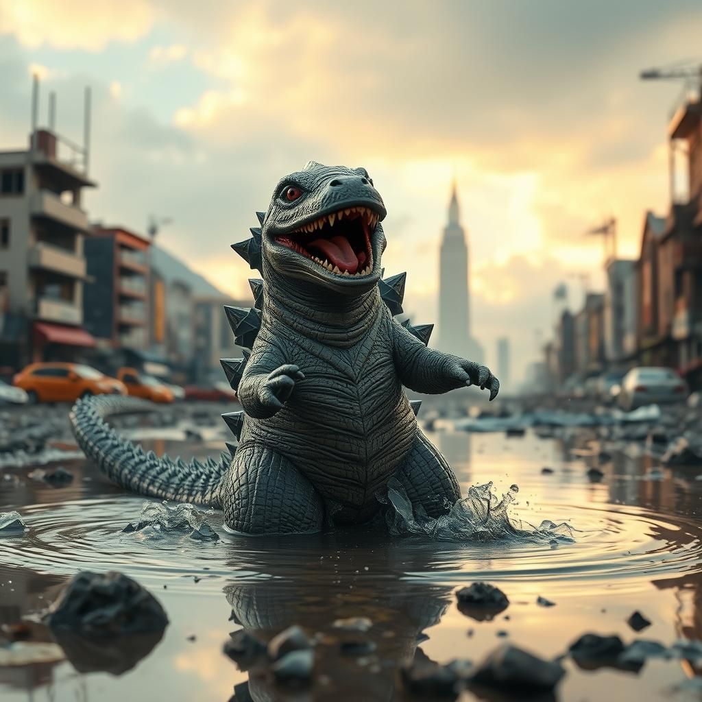 Baby Godzilla playing in the water