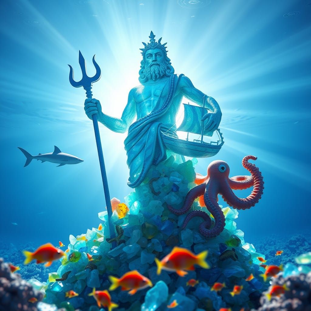Underwater bright blue sea glass statue of Poseidon holding a trident in one hand and a small ship in ...  by @The Puzzler