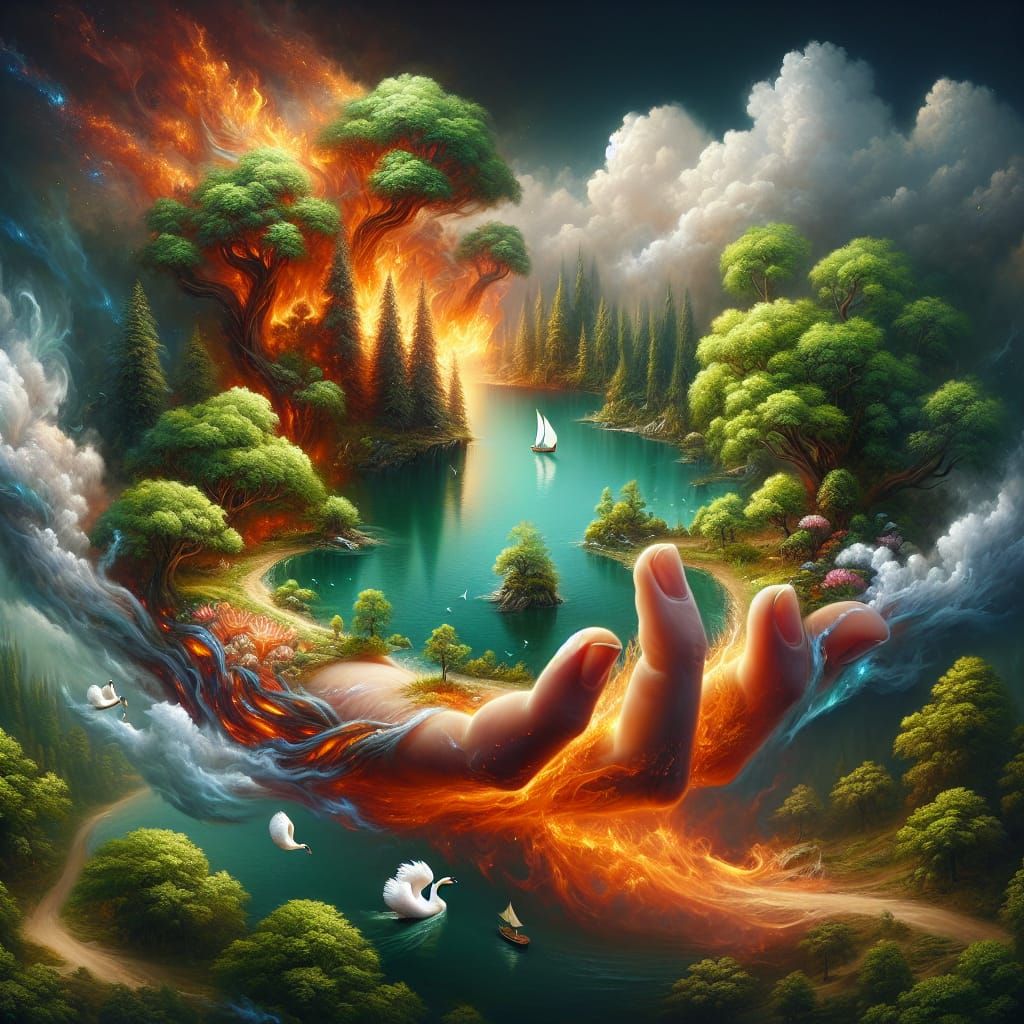 Fantasy Hand Holds Lake in Painterly Concept Art