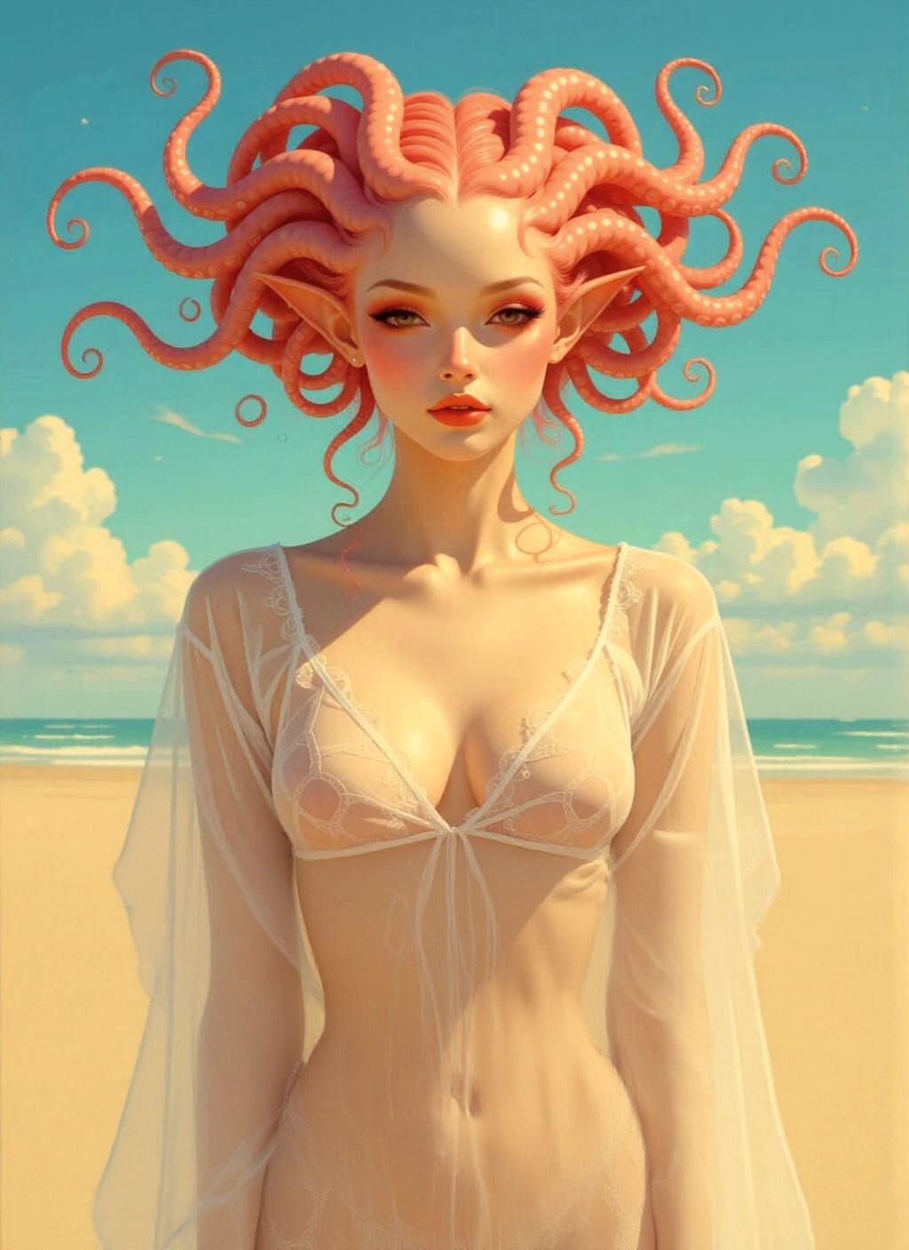 Surreal Alien Woman with Tentacle Hair in Sheer Negligee