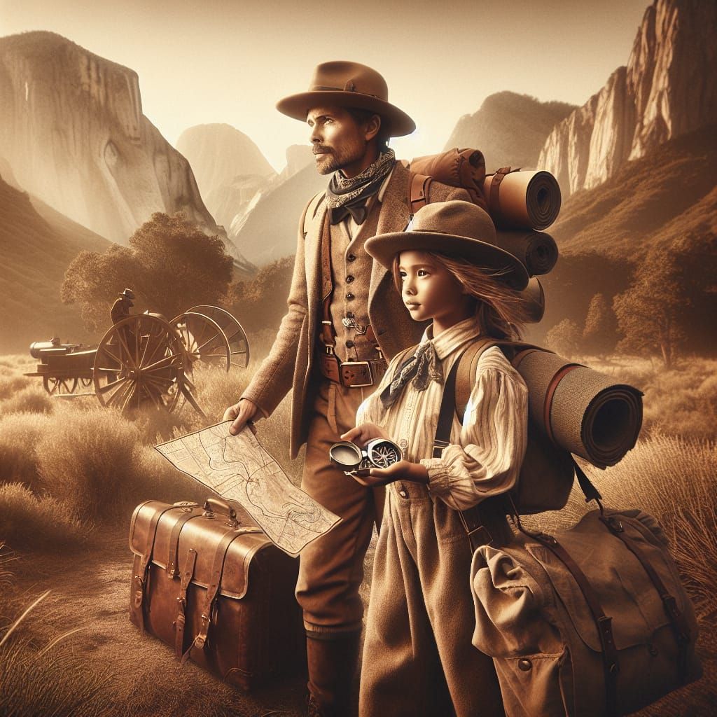 vintage travel theme, warm sepia tones, old-fashioned gear i...