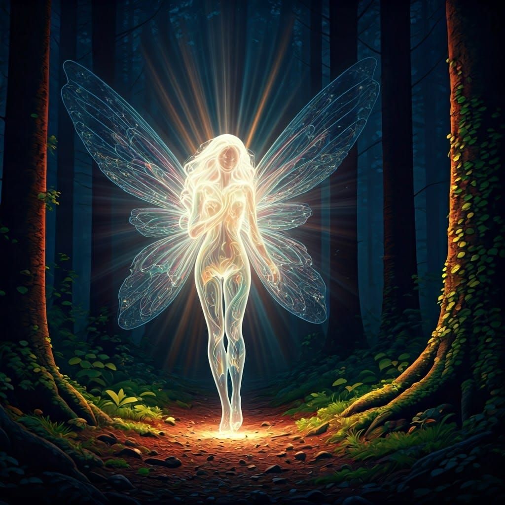 in the darkness, a transparent forest fairy created from multi-colored rays of light illuminates a dark ...  by @Likvi