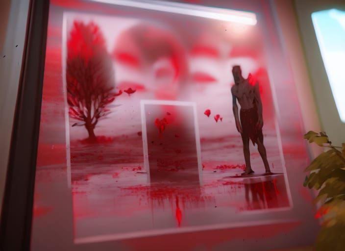 A wendigo is seen in different perspectives on many mirrors ...